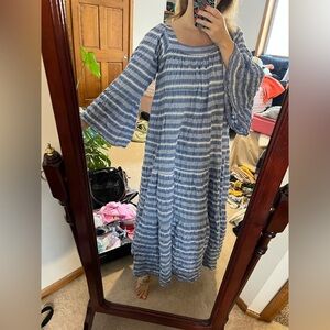 Lisa Marie Fernandez Blue White Bell Sleeve Pleated Gauze Maxi Dress size Medium